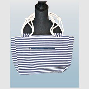 Farmhouse Canvas Tote Blue White Stripe Rope Handles NWOT